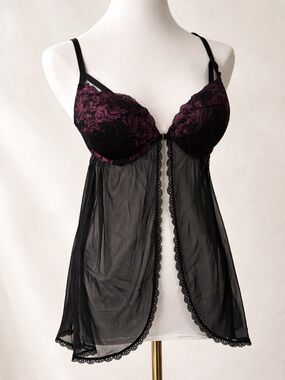 Vintage Lace Babydoll Lingerie Burgundy Black Sheer Fairycore Y2K M